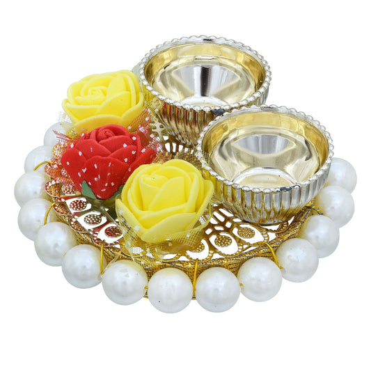 Gold Plated, Red and Green Imitation Rose, Puja thali Home Decor