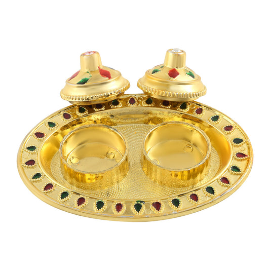 Gold Plated Acrylic Oval Shape Roli Chawal Puja Teeka Tilak Thali