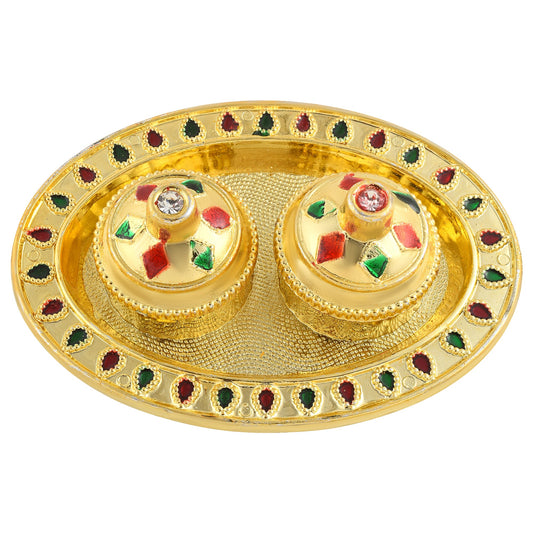 Gold Plated Acrylic Oval Shape Roli Chawal Puja Teeka Tilak Thali