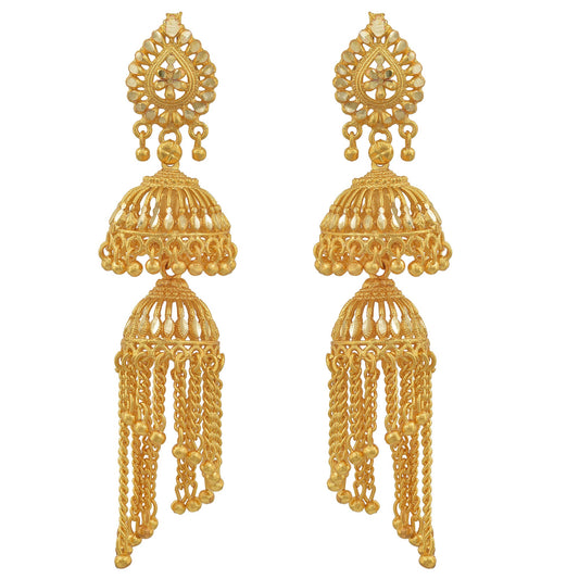 Gold plated double umbrella graudation Jhalar (Tassle) work, stylish Jhumki earring