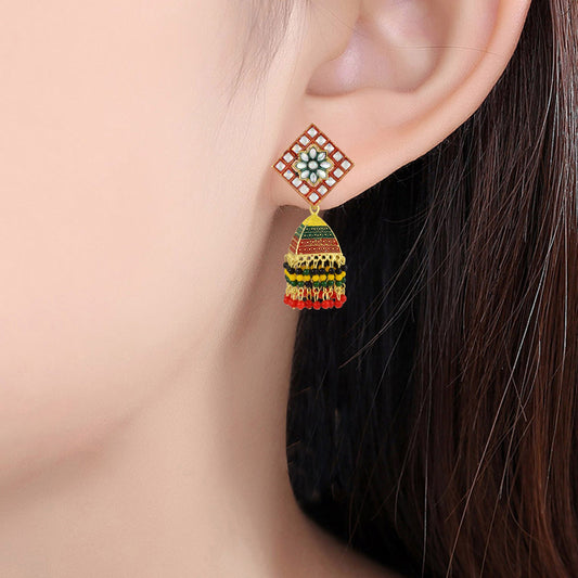 Brass Goldplated Handmade Rasrawa Kundan Colourful Jhumka Earrings