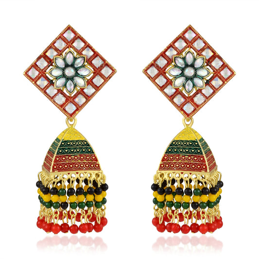 Brass Goldplated Handmade Rasrawa Kundan Colourful Jhumka Earrings