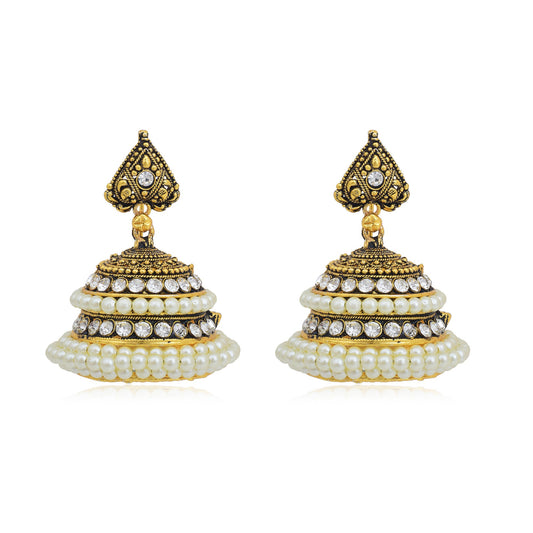 Gold plated two layered Pearl and CZ studded Ethnic Traditional Bridal festival Jhumki Earrings