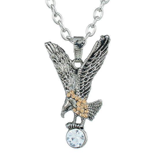 Silver plated CZ studded, Flying eagle American Falcon chain necklace pendant