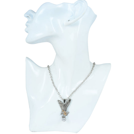 Silver plated CZ studded, Flying eagle American Falcon chain necklace pendant