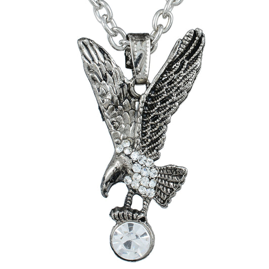 Silver plated Antique finish White CZ flying eagle chain pendant locket necklace