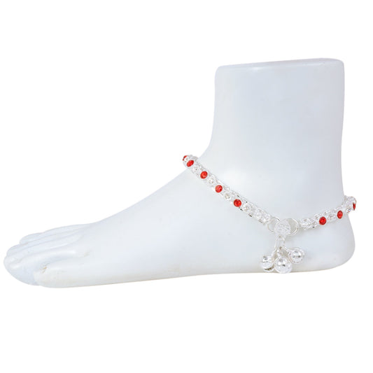 Silver plated flat strand red CZ studded traditional ethnic jewellery Anklet