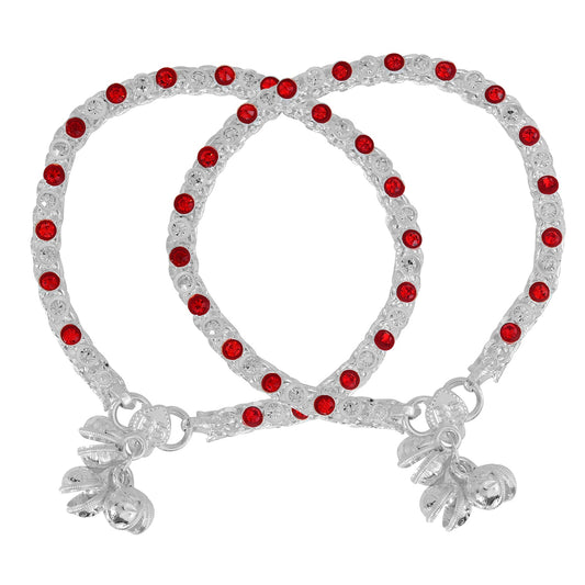 Silver plated flat strand red CZ studded traditional ethnic jewellery Anklet