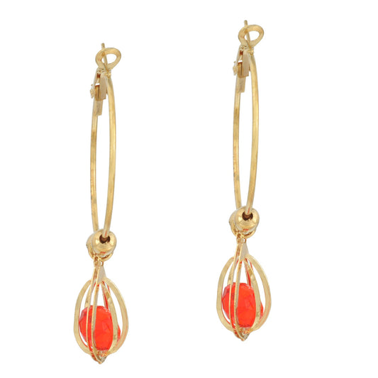 Oval cage Red CZ entrapped Gold plated Hoop Bali Earring