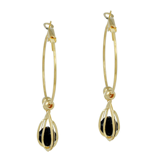 Oval cage Black CZ entrapped Gold plated Hoop Bali Earring