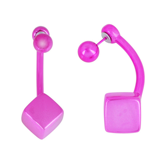 Fiery Pink Colour Square Cube front to back Earrings