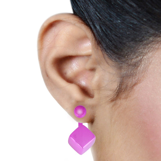 Fiery Pink Colour Square Cube front to back Earrings