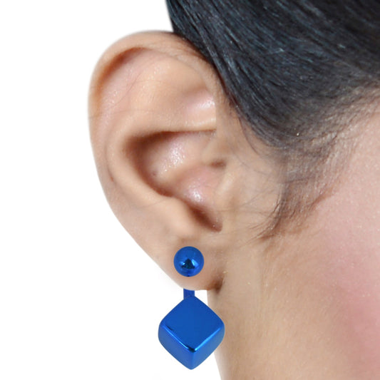 Teal Blue Colour Square Cube front to back Earrings