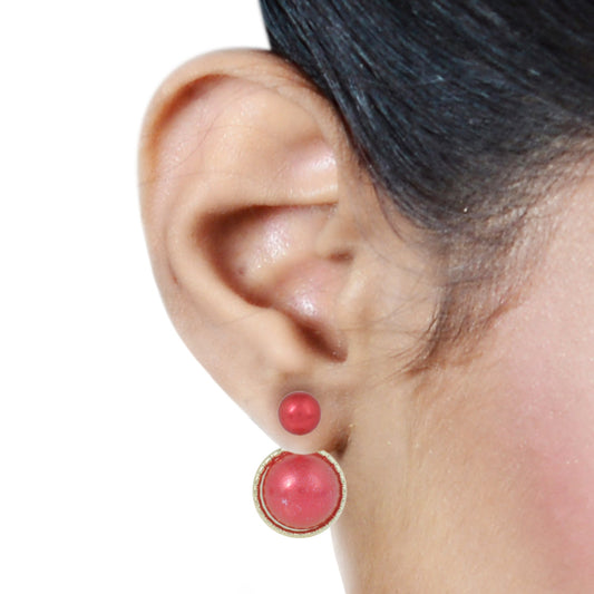 Gold plated Faux Red Pearl front to back stud fashion earrings