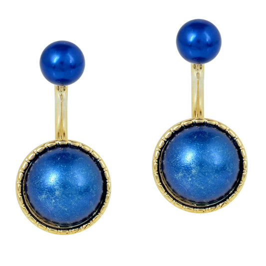 Gold plated Faux Blue Pearl front to back stud fashion earrings