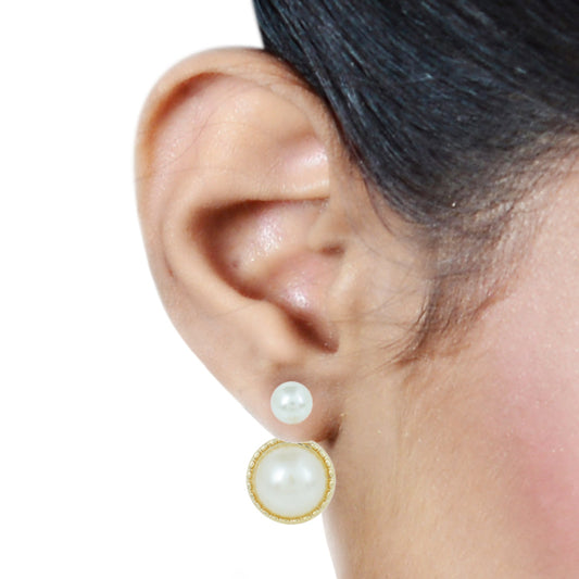 Gold plated Faux White Pearl front to back stud fashion earrings