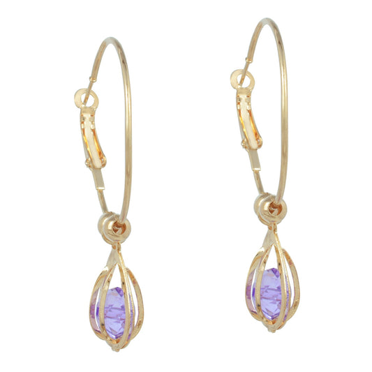 Oval cage Violet CZ entrapped Gold plated Hoop Bali Earring