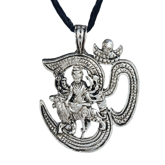 Silverplated Antique Finish Om Durga Chain Hindu God pendant (PCKL0789)