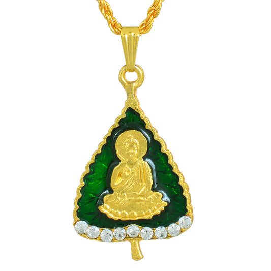 Gold plated CZ studded Lord Buddha, on Green enamelled Pan leaf design, chain pendant