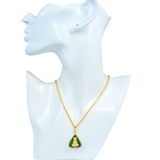 Gold plated CZ studded Lord Buddha, on Green enamelled Pan leaf design, chain pendant