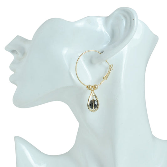 Oval cage Black CZ entrapped Gold plated Hoop Bali Earring