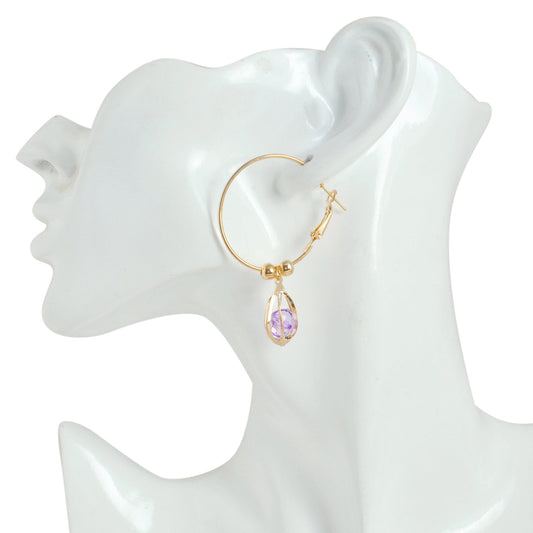 Oval cage Violet CZ entrapped Gold plated Hoop Bali Earring