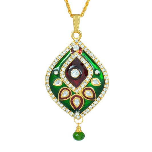 Gold Plated CZ studded, Green and Red Meenakari, Kundan, Pear shape, chain pendant