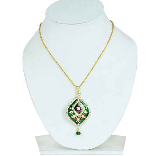 Gold Plated CZ studded, Green and Red Meenakari, Kundan, Pear shape, chain pendant