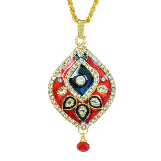 Gold Plated CZ studded, Red and Peacock Blue rich Meenakari, Kundan, Pear shape, chain pendant