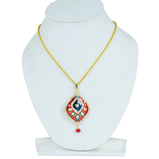 Gold Plated CZ studded, Red and Peacock Blue rich Meenakari, Kundan, Pear shape, chain pendant