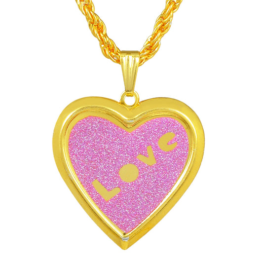 Gold plated Pink Drussy Foil Love embossed openable Heart Locket chain pendant