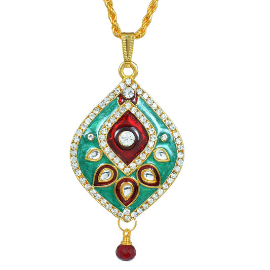 Gold Plated CZ studded, Green and Red Meenakari with Kundan, Pear shape, chain pendant