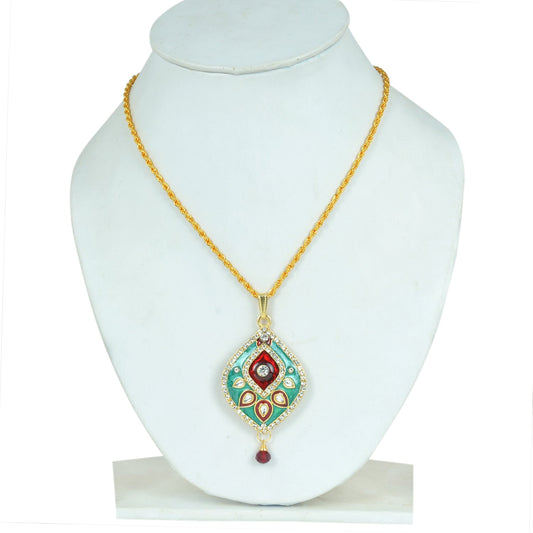 Gold Plated CZ studded, Green and Red Meenakari with Kundan, Pear shape, chain pendant