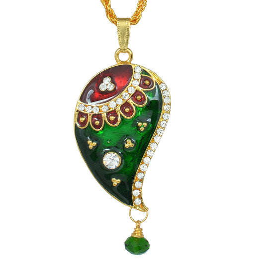 Gold Plated CZ studded, Red and Green Meenakari Kairi Mango shape, chain pendant