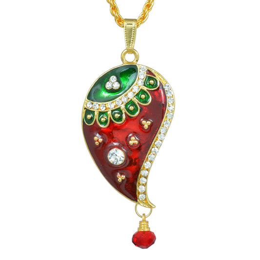 Women's Gold Plated Cz Studded, Red and Green Meenakari Kairi Mango Shape, Chain Pendant