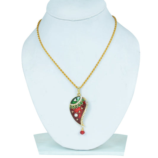 Women's Gold Plated Cz Studded, Red and Green Meenakari Kairi Mango Shape, Chain Pendant