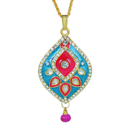 Gold Plated CZ studded, Red and Turquoise Firoza Meenakari, Kundan Pear shape, chain pendant