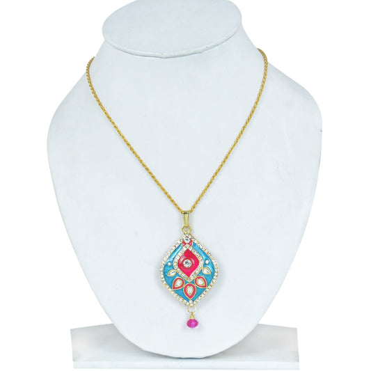 Gold Plated CZ studded, Red and Turquoise Firoza Meenakari, Kundan Pear shape, chain pendant