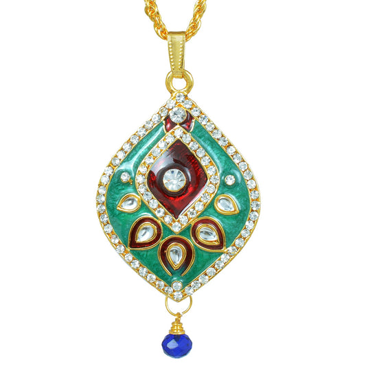 Gold Plated CZ studded, Green and Red Meenakari, Kundan, Pear shape, chain pendant