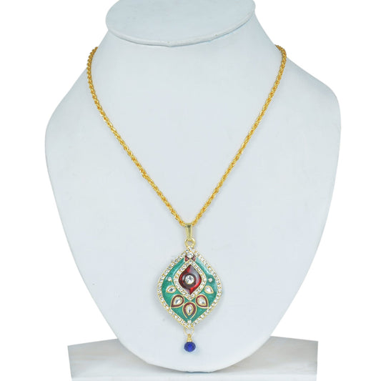 Gold Plated CZ studded, Green and Red Meenakari, Kundan, Pear shape, chain pendant