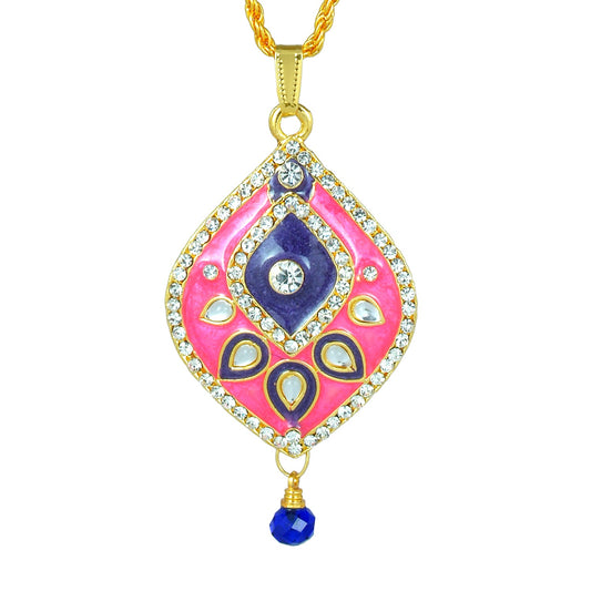 Gold Plated CZ with Kundan Meena Pearshape locket chain pendant