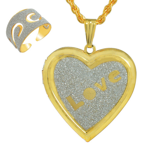 Gold plated Combo of Faux Drussy Foil Love embossed openable Heart Locket pendant and matching adjustable ring