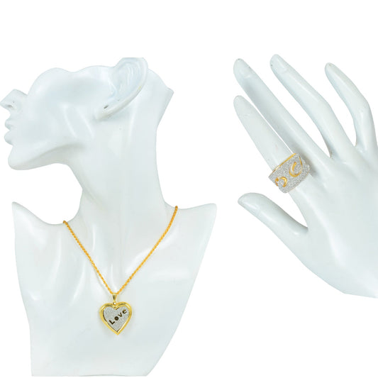 Gold plated Combo of Faux Drussy Foil Love embossed openable Heart Locket pendant and matching adjustable ring