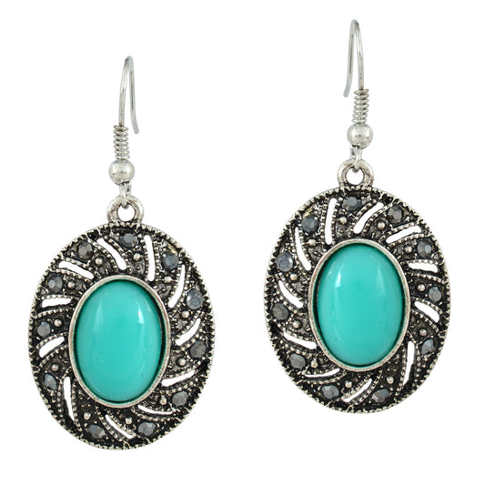 Emerald Color Oval Cabochon,Black CZ studded, oxidised Tibetan look Antique Earrings