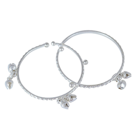 White Silver Plated Adjustable Size Lucky Charm Ghungroo Bangle Kada Cuff Nazariya