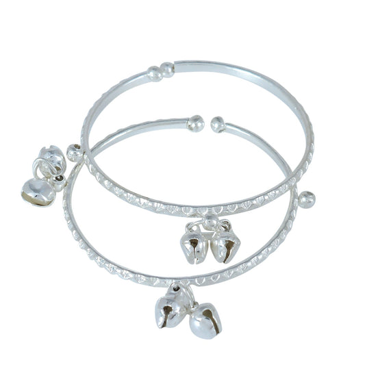 White Silver Plated Adjustable Size Lucky Charm Ghungroo Bangle Kada Cuff Nazariya