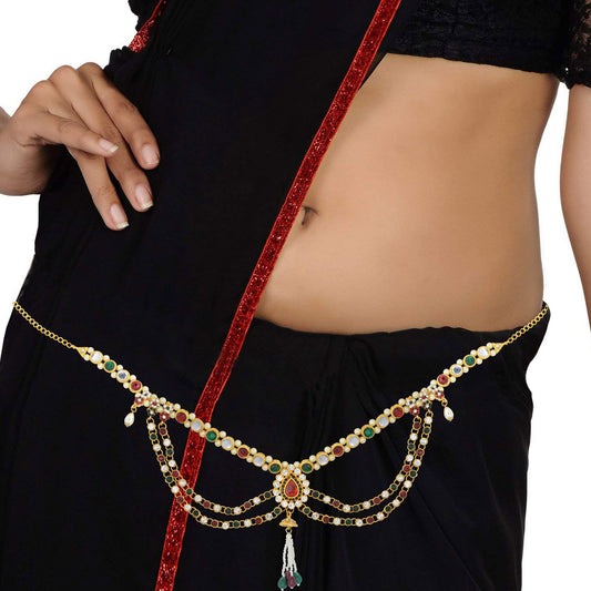 Gold Plated Multicolour CZ Ethnic Waistbelt Bellychain Kamarpatta Kamarbandh