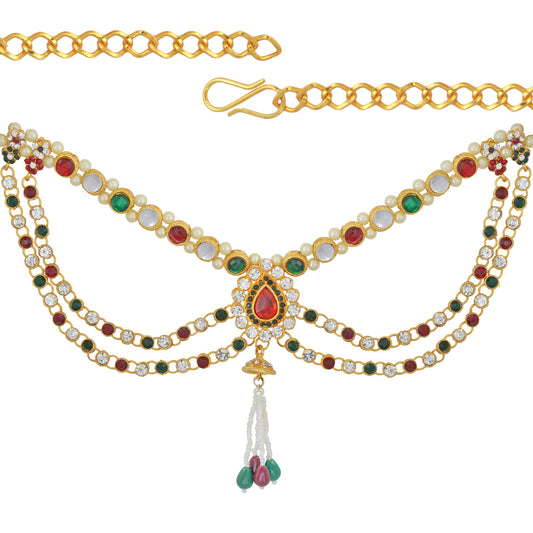 Gold Plated Multicolour CZ Ethnic Waistbelt Bellychain Kamarpatta Kamarbandh