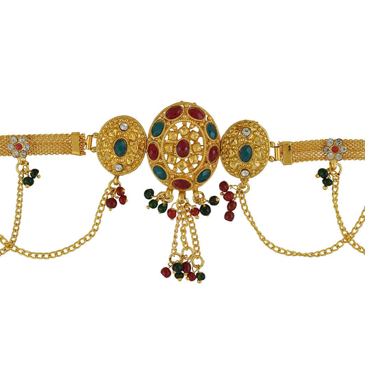 Brass Gold Plated, 3 Oval Design, CZ Kundan Faux Ruby,Emerald Traditional Kamarbandh