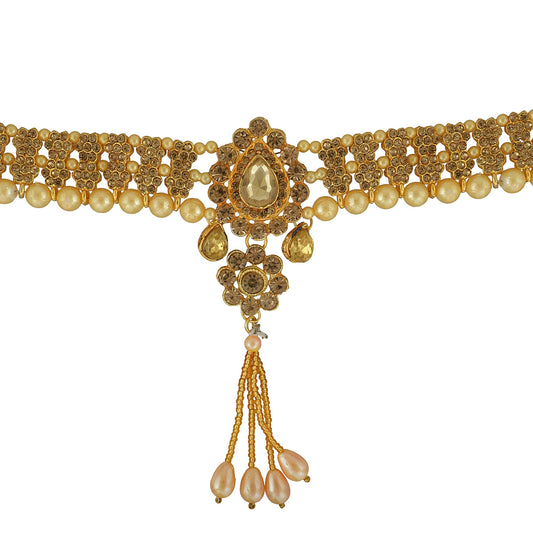 Brass Gold Plated, Golden CZ, with Golden Faux Pearls Kamarbandh